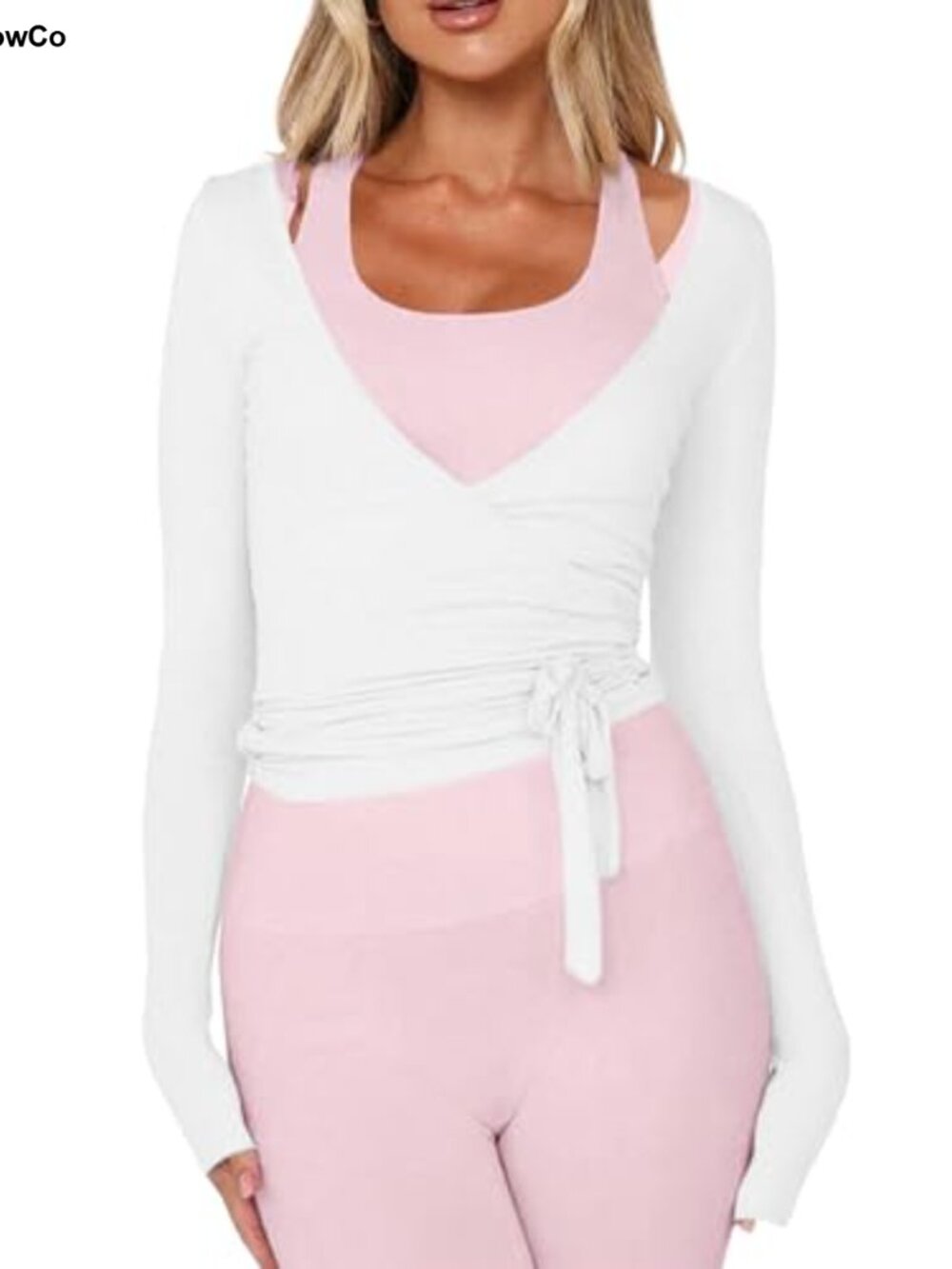 Women's Wrap Top Long Sleeve Cropped Pilates Yoga Ballet Tie Front